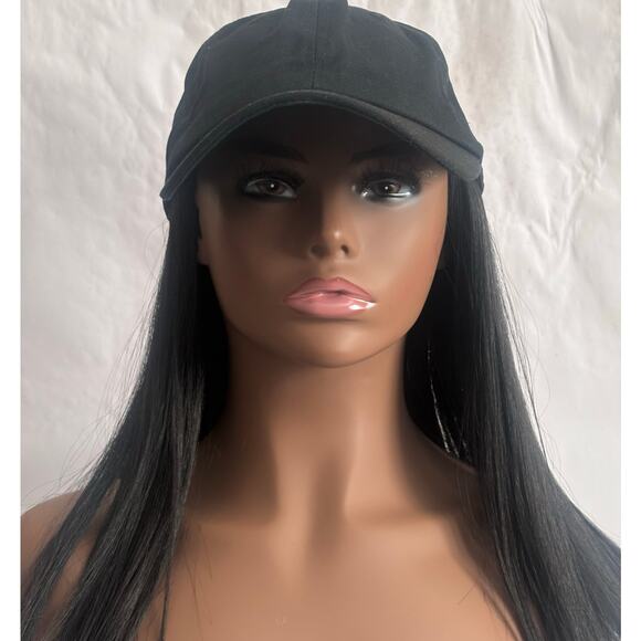 Baseball Cap Wig with Silky Straight Hair in Medium length color 1B off black - Picture 1 of 9